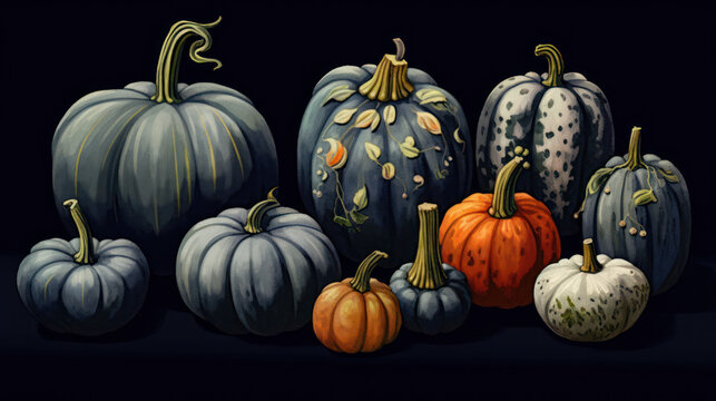 Illustration of a group of pumpkins in dark gray tones