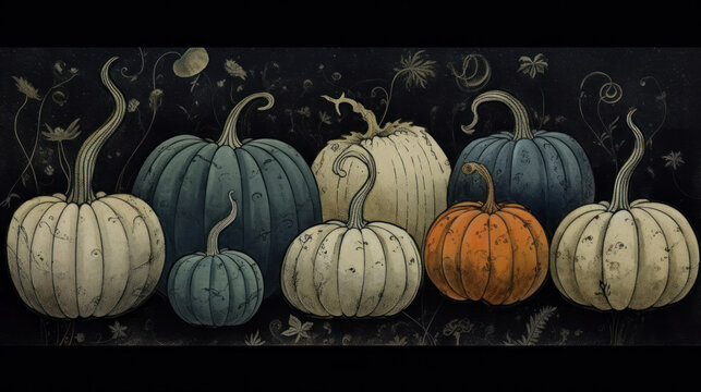 Illustration of a group of pumpkins in dark gray tones