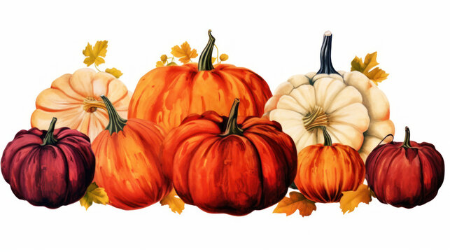 Illustration of a group of pumpkins in maroon tones