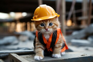 Kitten builder in professional uniform. Portrait with selective focus and copy space