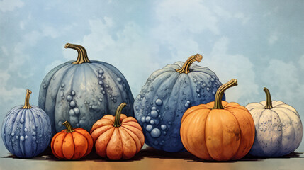 Illustration of a group of pumpkins in blue tones