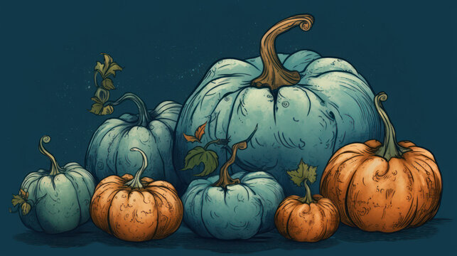 Illustration of a group of pumpkins in cyan tones