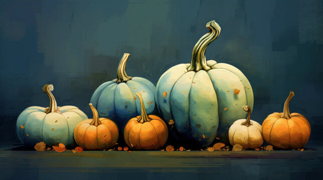 Illustration of a group of pumpkins in blue tones