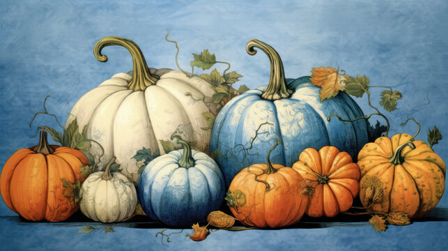 Illustration of a group of pumpkins in blue tones