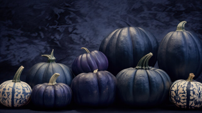 Illustration of a group of pumpkins in indigo tones