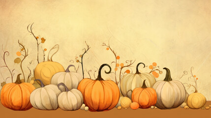 Illustration of a group of pumpkins in tan tones