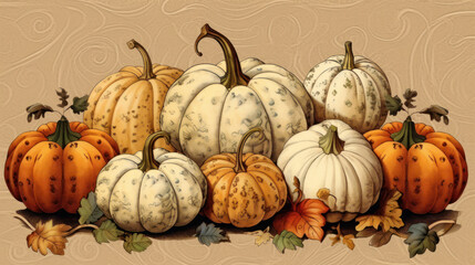Illustration of a group of pumpkins in tan tones