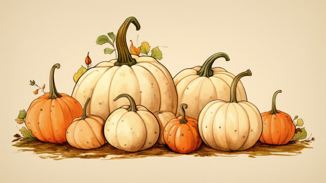 Illustration of a group of pumpkins in beige tones