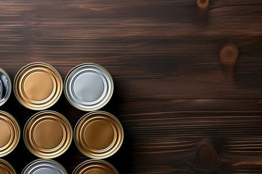 Tin cans with canned food, top view. Background with selective focus and copy space