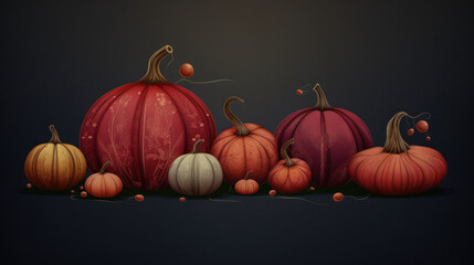 Illustration of a group of pumpkins in dark red tones