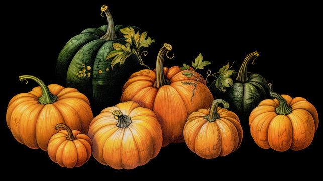 Illustration of a group of pumpkins in dark orange tones