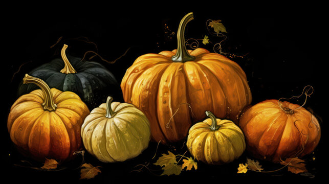 Illustration of a group of pumpkins in dark yellow tones