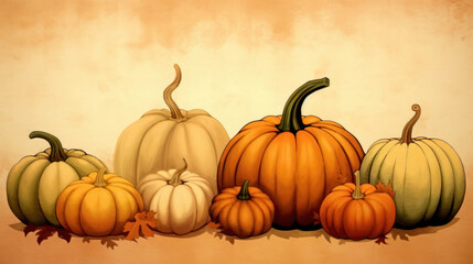 Illustration of a group of pumpkins in light brown tones