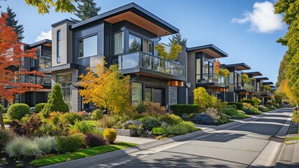 Row of recently built townhomes for sale in a suburban area of North America. - obrazy, fototapety, plakaty