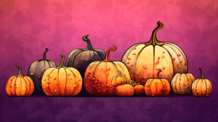 Illustration of a group of pumpkins in light maroon tones