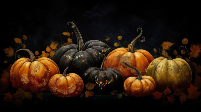 Illustration of a group of pumpkins in light black tones