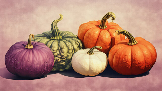 Illustration of a group of pumpkins in light maroon tones