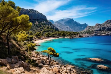 View of the sea and rocks from the high shore. Majorca - obrazy, fototapety, plakaty