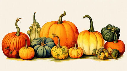 Obraz premium Illustration of a group of pumpkins in vivid orange tones