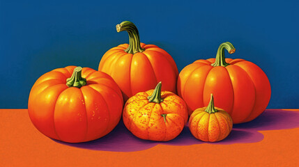 Obraz premium Illustration of a group of pumpkins in vivid orange tones