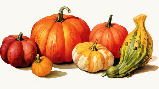 Illustration of a group of pumpkins in vivid red tones
