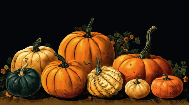 Illustration of a group of pumpkins in vivid orange tones