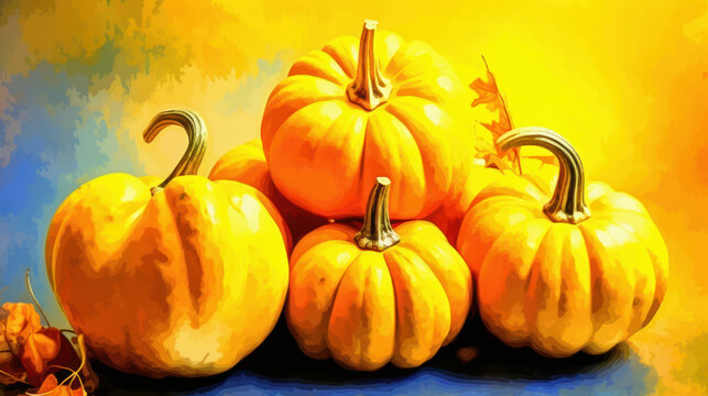 Illustration of a group of pumpkins in vivid yellow tones