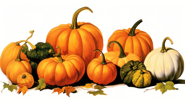 Illustration of a group of pumpkins in vivid orange tones