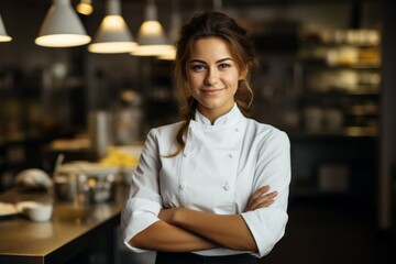 Female cook with happy emotion. Portrait with selective focus and copy space