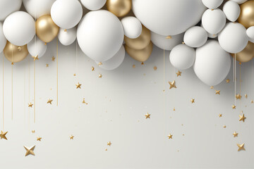 an elaborate background with white balloons and stars for a happy new year and merry christmas