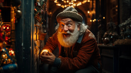 Fototapeta premium surprised latin senior man opening an apartment door, christmas decor