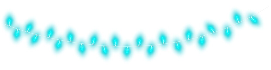 Light blue christmas glowing garland. Christmas lights. Colorful Christmas garland. The light bulbs on the wires are insulated. PNG.