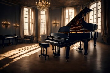 Grand piano in room dark night
