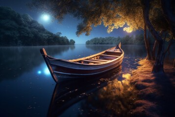 wooden boat on the river with the beauty of the night sky. ai generative