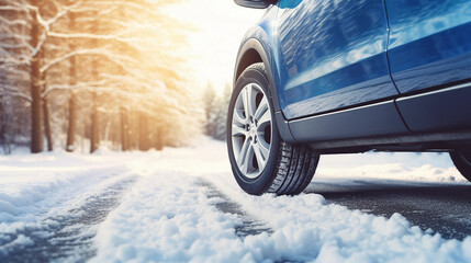 SUV car on snow road. Tires on snowy highway detail.