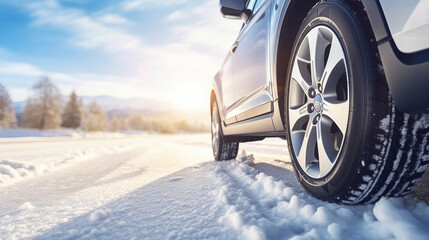 SUV car on snow road. Tires on snowy highway detail.