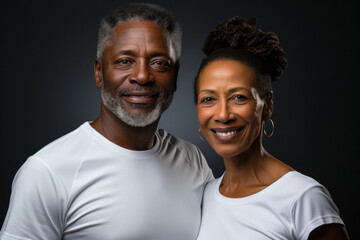 Fototapeta premium Portrait of a senior African couple in casual clothes on dark gray background