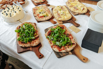 Pinsa pizza at a wedding buffet close-up