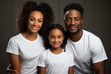 Fototapeta premium Family with mom, dad and daughter in casual clothes on dark background