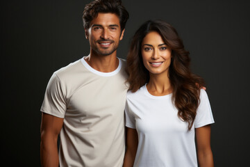 Portrait of young Indian couple in casual clothes on a light gray background