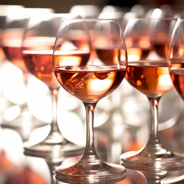 A row of glasses half filled with rose wine