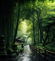 Wet stoned walkway through a bamboo trees forest in Asia after a rain