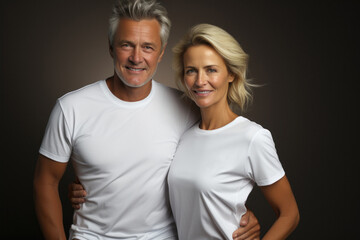 Fototapeta premium Portrait of a senior Caucasian couple in casual clothes on dark gray background