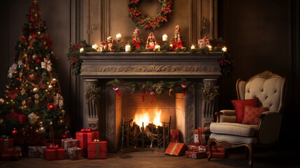 christmas evening, interior of decorated room and fireplace for the holiday