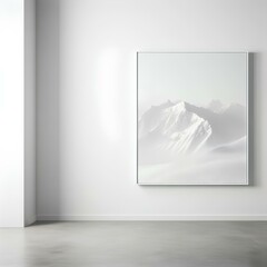 A frame with a white mountain is hung in the minimalist space. modern interior.