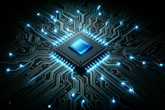 Illustration of a next-gen circuit board with glowing blue circuits leading to a central, elevated octagonal chip. This chip radiates light, contrasting sharply with the dark backdrop