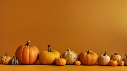 A group of pumpkins on a brown background or wallpaper