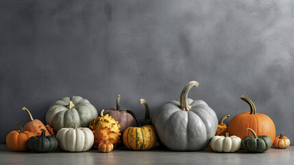 A group of pumpkins on a gray background or wallpaper - obrazy, fototapety, plakaty