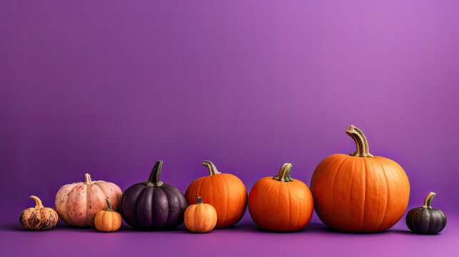 A group of pumpkins on a purple background or wallpaper