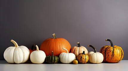 A group of pumpkins on a dark white background or wallpaper